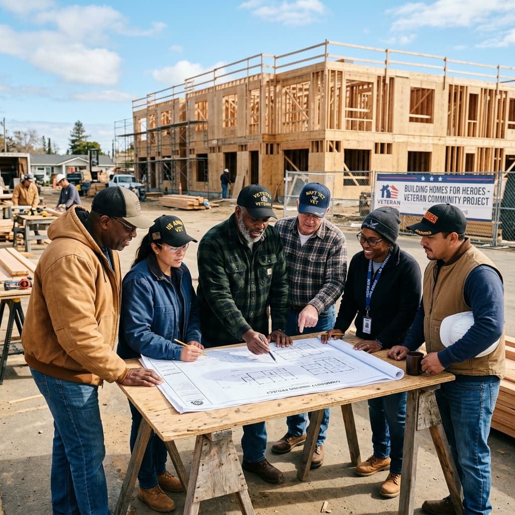 Family standing between veteran-friendly homes at sunset