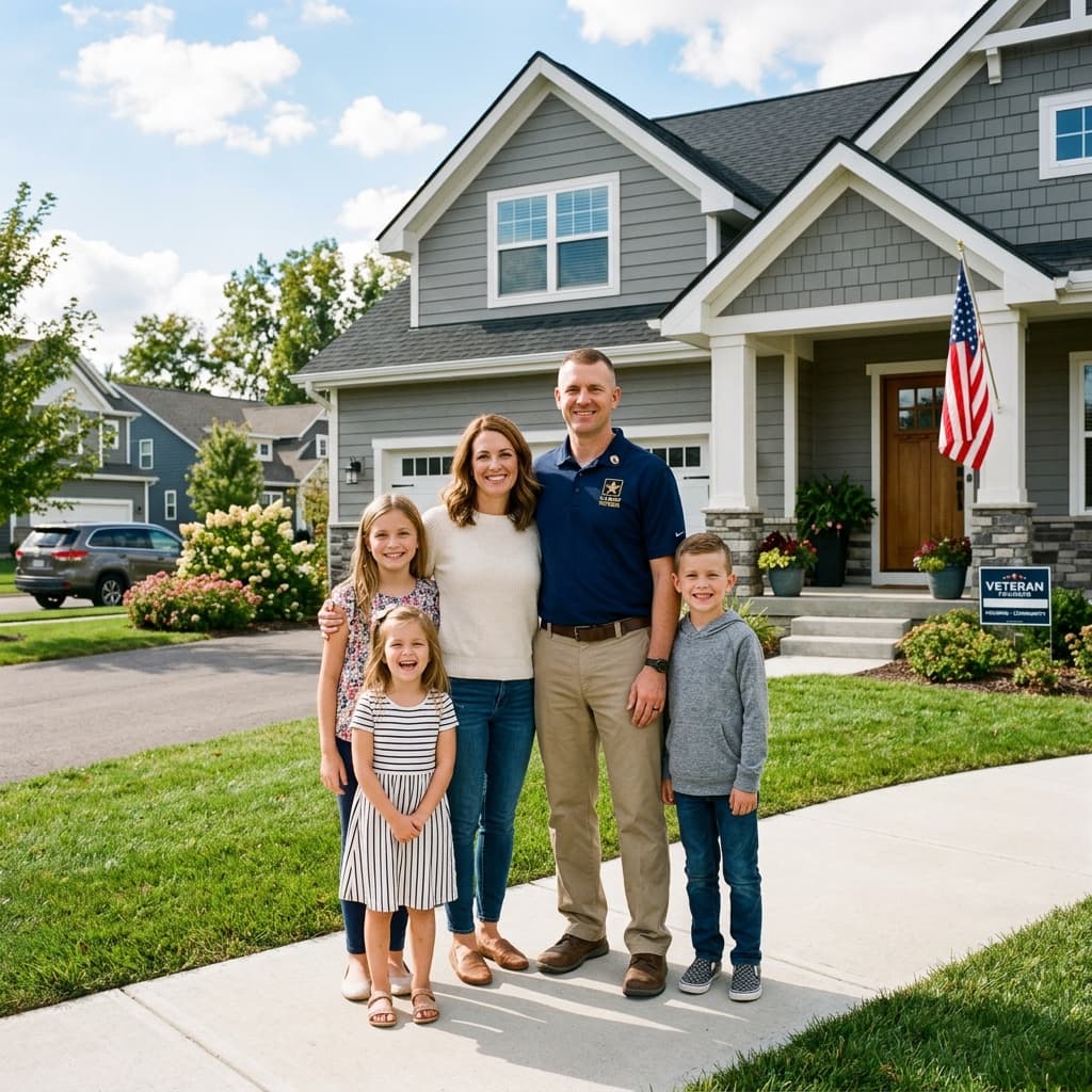 Happy American veteran family standing in front of their modern suburban home